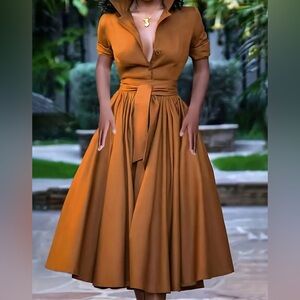 Caramel Brown Midi Shirt Dress with Belted Waist